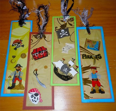 PIRATE PARTY FAVORS (boy party) handmade bookmarks by my 10 yr old ;) so crafty! Pirate Party Favors, Handmade Party Favors, Handmade Bookmarks, Pirate Day, Scrapbook Tag, Pirate Party, Pocket Cards, Bookmarks Handmade, Boy Party