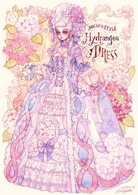 Hydrangea Outfit, Dress Art Reference, Sakizou Art, Hydrangea Dress, Rococo Art, Royal Art, Arte Inspo, Fashion Design Drawings, Kawaii Art