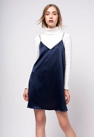 Blue Slip Dress Outfit Winter, Short Slip Dress Outfit Winter, Turtleneck Under Dress Outfit, Short Slip Dress Outfit, Strap Dress With Shirt Under, Turtleneck Under Dress, Slip Dress Outfit Winter, Unif Clothing, Shirt Under Dress