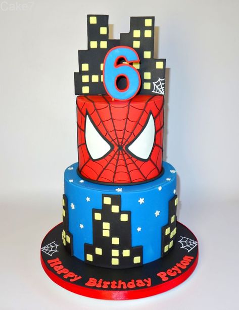 Spiderman themed cake. www.cakeseven.wix... Facebook- Cake7. Twitter- Cake7 email: cake.seven@aol.co.uk phone: 07731 882 988 Spiderman Themed Cake, Spiderman Birthday Cake, Spiderman Cake, Cake Shapes, Spiderman Birthday, Sponge Cake, Kids Cake, Themed Cakes, Spiderman