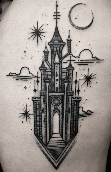 5 Unique Tattoo Ideas For Design And Architecture Lovers  #architecture #detailedtattoos #tattooinspo #geometry #structure #perfection Fairytale Castle Tattoo, Architectural Tattoo, Castle Tattoo Design, Grey Ink Tattoos, Symbols Of Strength Tattoos, Castle Tattoo, Unique Tattoo Ideas, Ideas For Design, Japanese Tattoo Symbols