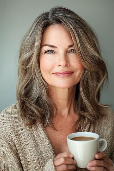 Brown Hair With Highlights To Hide Gray, Light Brown Hair With Silver Highlights, Brunettes Over 50, Highlight Ideas For Brunettes, Gray Highlights On Brown Hair, Highlights Brown Hair Over 50, Grey Transition Hair Highlights, Brown Hair Over 50, Hide Gray Hair With Highlights Brunettes