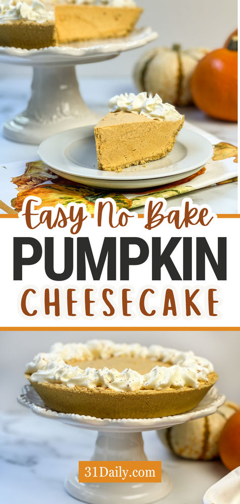 This Easy No-Bake Pumpkin Cheesecake recipe is one of the easiest pumpkin desserts you’ll ever make. Light and fluffy with distinctive pumpkin spice flavoring, it’s an easy cheesecake made without whipped heavy cream (whipped topping is the secret to the perfect texture!). You’ll come back to it time and again. No Bake Pumpkin Cheesecake Recipe Easy, Cool Whip Pumpkin Cheesecake, Easy Cream Cheese Recipes 4 Ingredients, Punkin Cheesecake Recipes, Easy No Bake Pumpkin Desserts, Easy Pumpkin Cheesecake Recipe, Easy Pumpkin Cheesecake No Bake, Pumpkin Cheesecake Recipes Easy, Easy No Bake Cheesecake 4 Ingredients