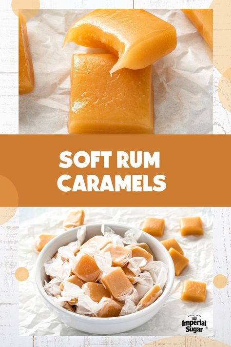 These Soft Rum Caramels are a tasty candy great for keeping on hand to serve during the holidays or wrapping up as gifts. Soft, extra chewy caramel flavored with a hint of rum. These 6 ingredient caramels taste like a buttered rum cocktail due to the rum extract and butter-caramel combo. For more Thanksgiving recipes and ideas visit DixieCrystals.com and pin your favorites! Made this recipe? Show us! #dixiecrystals #thanksgivingrecipes #easyfallrecipes Rum Nougat Candy Recipe, Gift Recipes, Edible Cups, Chewy Caramel, Butter Rum, Rum Extract, Buttered Rum, Chocolate Stores, Lemon Mousse