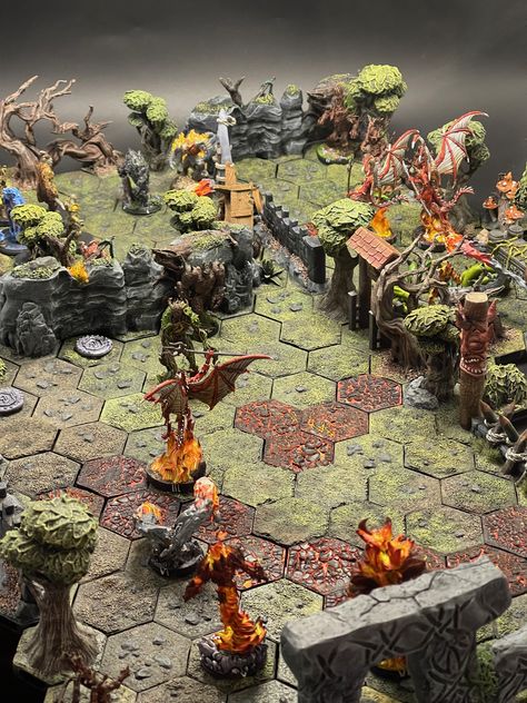 Fully 3D printed and painted map and monsters for the Gloomhaven board game (Scenario 14, Plane of Elemental Power). The terrain is modular and can be rearranged in any other way. Check out more pictures of this level in my Instagram account (follow the link in the pin) 🙂 You can also find there pictures of other fully printed Gloomhaven scenarios painted in different styles :) Gloomhaven Miniatures, Dnd Modular Terrain, Painted Map, Modular Terrain, Modular Terrain Tabletop, Age Of Sigmar Terrain, Gallowdark Terrain, Green Scenery, Elemental Powers