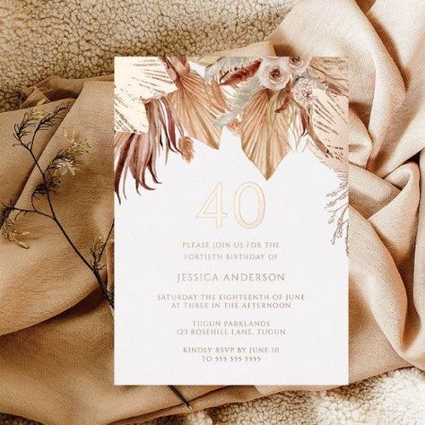 Boho Theme Birthday Party For Women, Boho 40th Birthday Party, Boho Chic 40th Birthday Party, 40th Bday Invite, 40th Birthday Invites For Woman, Boho 50th Birthday Invitations, 50th Birthday Party For Women, Return Gifts For Kids, Rose Gold Foil Invitations