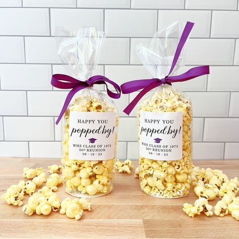 "★POPCORN IS NOT INCLUDED - BAGS ARE EMPTY★ Treat your guests to a fun favor!  Personalized favor bags are custom designed to coordinate with your event - you choose the colors and text.  You are sent a proof to approve your design before it is printed. PRODUCT INFORMATION - Bags measure 2.75\" x 10\" and have a white paper base - Each bag holds APPROXIMATELY 2 CUPS OF POPCORN - Personalized labels are 2.5\" X 2.5\" and will be attached to bags - Precut grosgrain ribbon is included ► Bags are em Reunion Favors High School, High School Reunion Favors, Class Reunion Party Favors, High School Graduation Party Favors, Class Reunion Favors, Reunion Favors, Class Reunion Decorations, College Reunion, Graduation Party Table