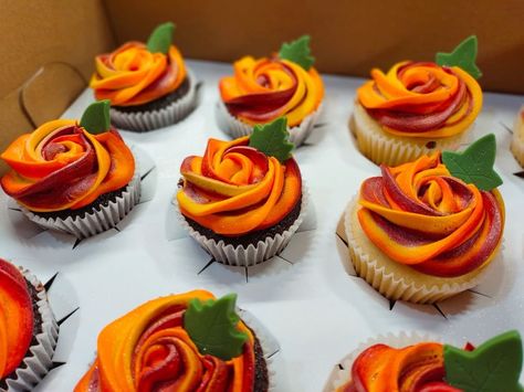 Red And Orange Cupcakes, Orange And Yellow Cupcakes, Orange Floral Cupcakes, Orange Theme Cupcakes, Thanks Giving Cupcakes Decoration, Fall Color Cupcakes, Red And Yellow Cupcakes, Burnt Orange Cupcakes, Orange Wedding Cupcakes