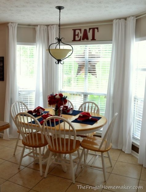 eat in kitchen before Sewing Curtains, Old Bed Sheets, Sheet Curtains, Diy Window Treatments, Tab Curtains, No Sew Curtains, Long Curtains, Diy Window, The Dining Room