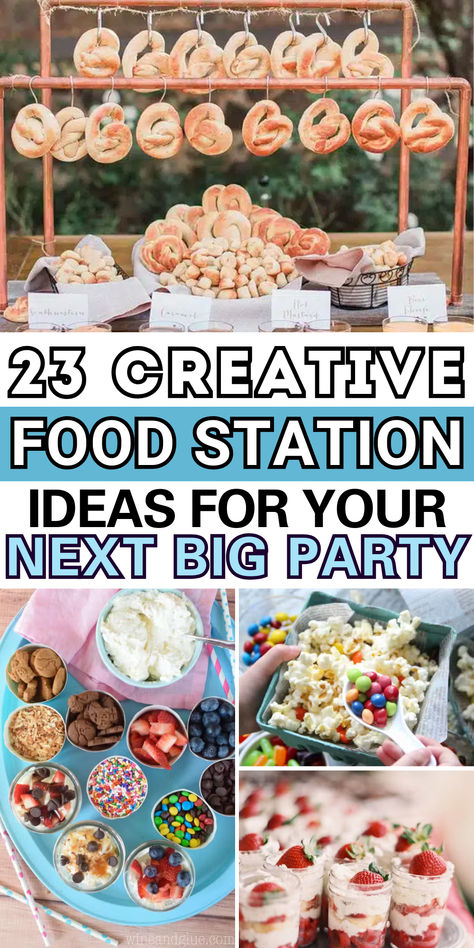 Discover creative and delicious food station ideas to elevate your next party! From build-your-own taco bars to gourmet popcorn stations, these ideas will wow your guests and keep them coming back for more. Perfect for weddings, birthdays, and any special event. Menu For Big Party, Cheap Nacho Bar, Concession Stand Snack Ideas, Birthday Concession Stand Ideas, Sandwich Bar For Party, Upscale Bar Food Ideas, Interactive Dessert Station, Diy Salad Bar Ideas, Christmas Food Stations