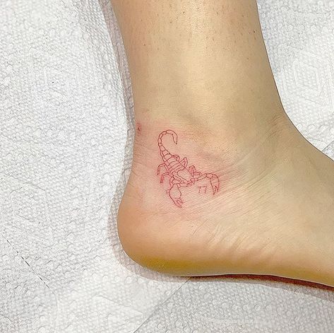 Red scorpion    #sanfranciscotattoo#losangelestattoo#singleneedle#finelinetattoo Red Scorpion, Infected Tattoo, A Small Tattoo, Ankle Tattoo Designs, Ankle Tattoos For Women, Scorpion Tattoo, Red Ink Tattoos, Red Tattoos, Lip Tattoos