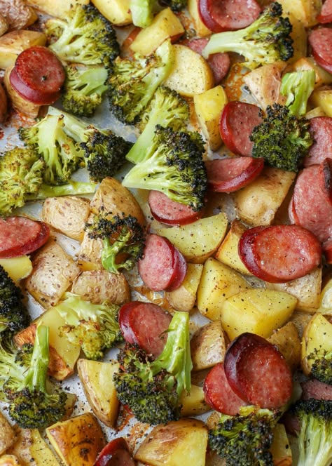 Sheet Pan Potatoes with... - BarefeetintheKitchen.com Sausage Potatoes Broccoli Sheet Pan, Sausage Potato And Broccoli Sheet Pan, Dinner Ideas With Broccoli And Potatoes, Sausage Potato Vegetable Sheet Pan, Sheet Pan Dinners Broccoli, Sheet Pan Smoked Sausage Recipes Easy, Kolbasa And Potatoes, Kabasa Sausage Dinner Ideas, Healthy Keilbasa Recipes Easy