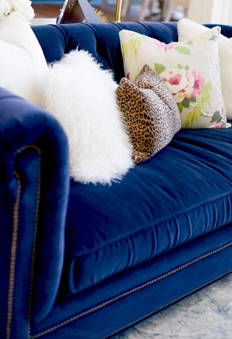 Navy Blue Velvet Sofa, Dreamy Living Room, Trendy Sofas, Blue Couch, Leopard Pillows, Living Room Reveal, Blue Velvet Sofa, Blue Couches, Cozy Sofa