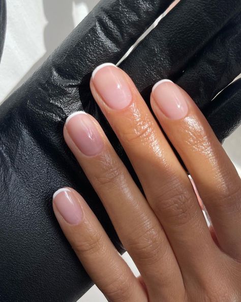 30 Simple Spring Nail Designs to Inspire You Short French Nails Squoval, Micro French Nails Round, Round French Dip Nails, Narrow French Tip Nails, Fine Line French Tip Nails, Short Squoval Nails Spring, Square Nails With Rounded Edges, Back To School Manicure, Square Nails Rounded Edges