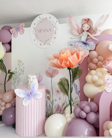 Fairy Balloon Backdrop, Fairy First Birthday Backdrop Ideas, Fairy First Birthday Balloon Garland, Fairy Backdrop Birthday, Fairy Birthday Backdrop, Fairy Bday Party Ideas, Fairy First Birthday Backdrop, Fairy Birthday Party Ideas Decorations, Fairy Party Backdrop