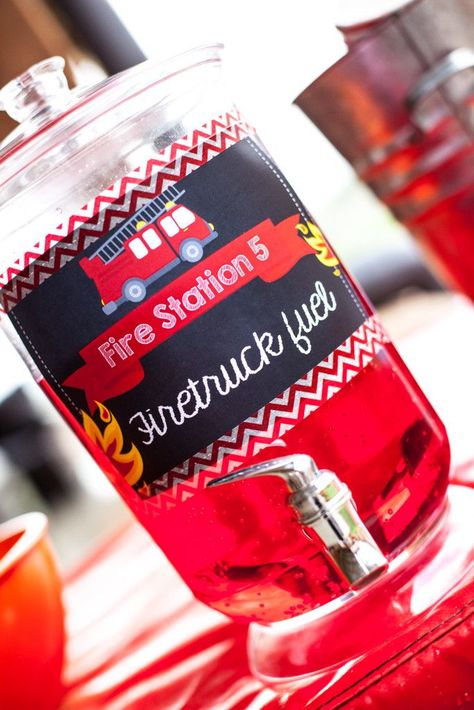 "Firetruck Fuel" Firetruck-themed birthday party. How adorable is this? Firefighter First Birthday Party, Truck Birthday Party Ideas Decoration, Fire Truck Birthday Party Ideas, Birthday Party Ideas Decoration, Fireman Baby Showers, Fireman Sam Birthday Party, Party Ideas Decoration, Truck Birthday Party Ideas, Firefighter Baby Showers