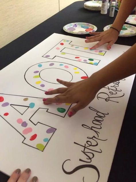 "We all leave our mark in AoPi" cute sisterhood activity for Chapter Retreat! Sorority Sisterhood Events, Sisterhood Activities, Sorority Retreat, Sisterhood Events, Sigma Alpha Omega, Retreat Activities, Tau Beta Sigma, Sigma Alpha Iota, Chico State