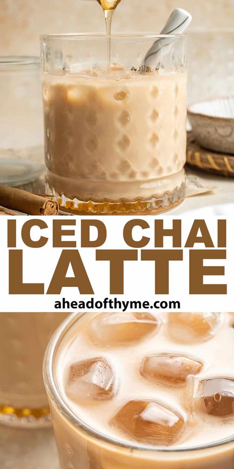 Sweet, spicy, and ice cold, is there anything more refreshing than an Iced Chai Latte? It's easy to make this boldly flavored iced chai tea latte at home with just a chai teabag and a little patience — no boxes of concentrate required! This easy iced tea recipe is quick enough to make every day, or you can save time and just double or triple it and keep a stash of homemade chai concentrate in the fridge.| aheadofthyme.com #icedchailatte #icedchaitea #chaitealatte via @aheadofthyme Cold Chai Tea Latte, Chi Latte Recipe, Starbucks Iced Chai Tea Latte Recipe, Iced Chai Tea Latte Recipe, Chia Tea Latte Recipe, Chai Tea Latte At Home, Easy Iced Tea Recipes, Iced Chai Latte Recipe, Easy Iced Tea