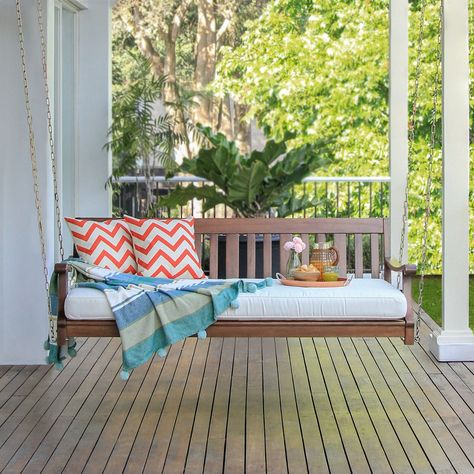 Willow Bay Alston Solid Wood Outdoor Swing Daybed with Seat Cushion - Walmart.com - Walmart.com Willow Bay, Patio Daybed, Outdoor Wood Furniture, Wood Daybed, Wooden Porch, Outdoor Daybed, Wood Patio, Outdoor Swing, White Cushions