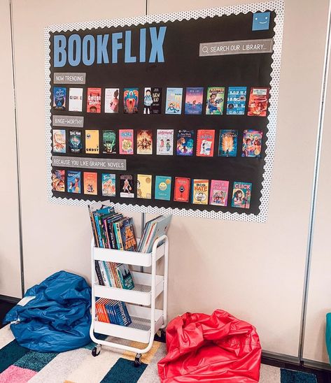 Netflix Bulletin Board, Bookflix Bulletin Board, 5th Grade Bulletin Board Ideas, Instagram Bulletin Board, Book Bulletin Board, Reading Spaces, Class Bulletin Boards, Passive Programs, Senior Szn