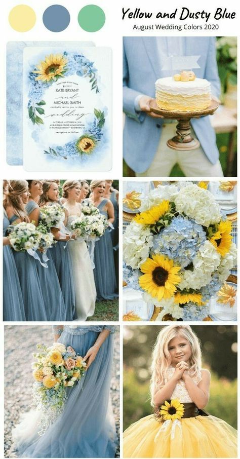 Yellow Blue White Wedding, Blue And Yellow Bridesmaids, August Wedding Bridesmaid Dresses, Dusty Blue And Yellow Wedding, Blue And Sunflower Wedding, Dusty Blue And Yellow, White And Yellow Wedding, Yellow And Blue Wedding, August Wedding Colors