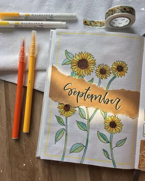 Sunflower Bullet Journal, September Bullet Journal Ideas, September Bujo, Journal Monthly Spread, Bullet Journal Week, September Bullet Journal, Bullet Journal September, Minimalist Bullet Journal, Bullet Journal Monthly