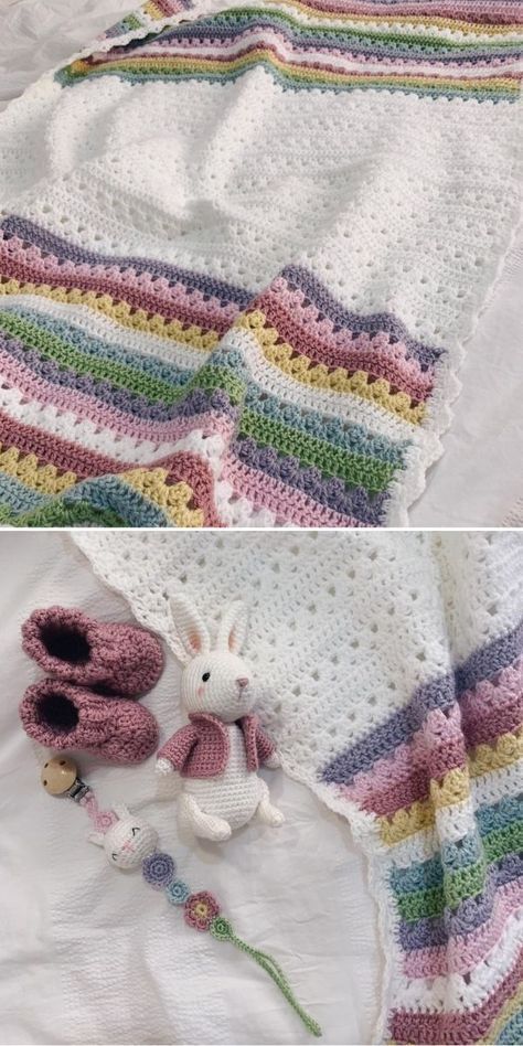 Crochet Blanket Tutorial, Striped Crochet Blanket, Crocheted Baby Blanket, Crochet Baby Blanket Free Pattern, Crocheted Blanket, Crochet Stitches For Blankets, Crochet Blanket Designs, Baby Afghan Crochet, Knitted Blanket