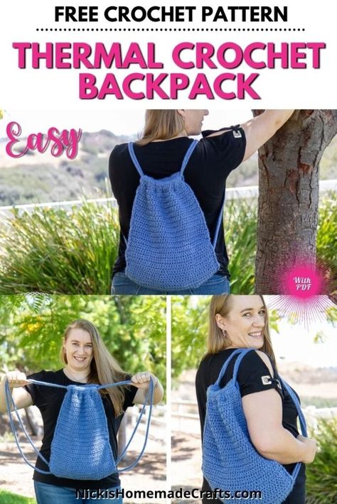 Crochet Bag Backpack, Easy Crochet Backpack, Crochet Drawstring Backpack Pattern Free, Crochet Backpack Free Pattern Easy, Backpack Crochet Pattern Free, Crochet Bookbag, Crochet Backpack Free Pattern, Crochet Drawstring Backpack, Thermal Crochet