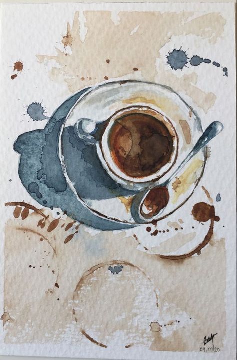 Painting Of A Coffee Cup, Coffee Bean Watercolor, Coffee Mug Acrylic Painting, Coffee Mug Watercolor, Watercolour Coffee Cup, Everyday Objects Drawings, Coffee Cup Watercolor Painting, Coffee Cup Art Draw, Abstract Coffee Art