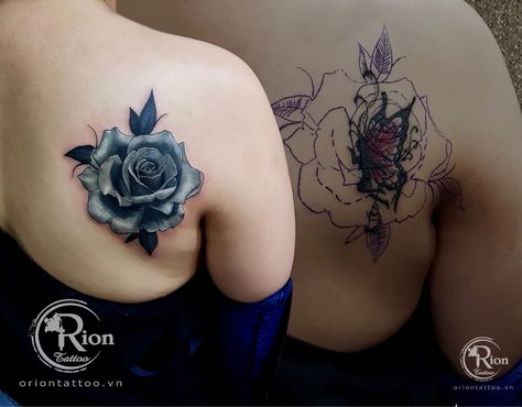 Rose Tattoo Cover Up Ideas For Women, Coverup Name Tattoo Ideas, Cover Up Over Dark Tattoo, Large Rose Tattoo Cover Up, Cover Up Dark Tattoos, Cover Tatoos Ideas Women, Rose Coverup Tattoo, Cover Up Tattoo Designs For Women Back, Dark Tattoo Cover Up Ideas For Women Arm