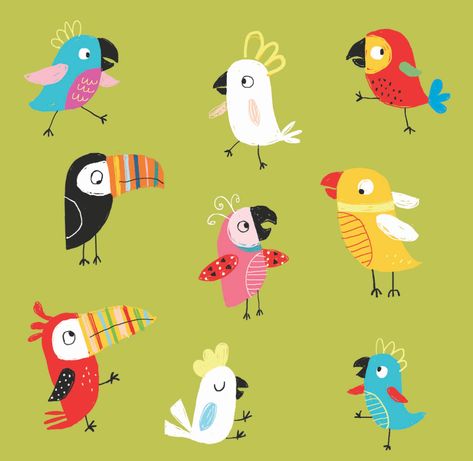 Lots of parrots by Ailie Busby Tropical Bird Illustration, Parrot Illustration Cute, Parrot Illustration, Parrot Drawing, Tropical Bird, Bird Theme, Bird Supplies, Bird Artwork, Tropical Birds