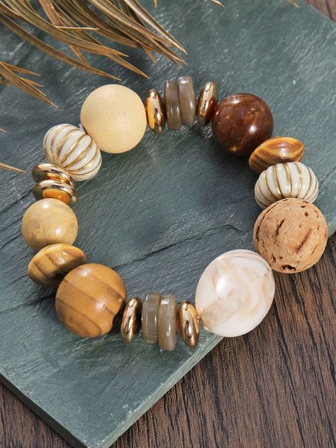 1pc Bohemian Style Resin & Wood Beaded Bracelet Multicolor    Wood     Women Fashion Jewelry, size features are:Bust: ,Length: ,Sleeve Length: Clothespin Diy Crafts, Wood Beads Jewelry, Wood Bead Bracelet, Wood Bead Necklace, Head Jewelry, Styl Boho, Watches Women Fashion, Lovely Jewellery, Boho Bracelets