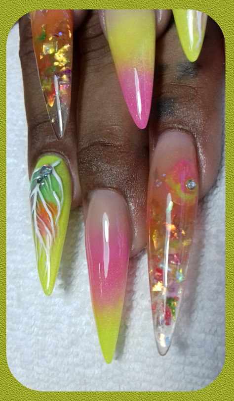 Faded neons, glitters and down 3D long Stiletto...do you spot the longest nail? 👀👁👀👁 Long Stiletto, Nail Studio, Long Nails, Summer Nails, Acrylic Nails, Blossom, Glitter, Nails