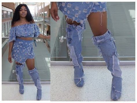 Diy Boots Makeover Shoe Refashion, Diy Denim Boots Tutorials, Denim Boots Diy, Denim Boots Outfit, Denim Patches Diy, Jean Boots, Boots Diy, E6000 Glue, Corset Fashion Outfits