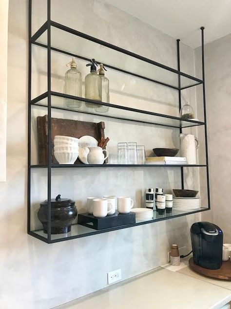 if we take out front glass panel and can the glass co by me re-use it and just cut it as shelves? Kitchen Shelves Styling, Shelf Decorating, Glass Shelves In Bathroom, Shelf Industrial, Glass Shelves Kitchen, Floating Glass Shelves, Organizer Kitchen, Shelf Black, Organization Kitchen