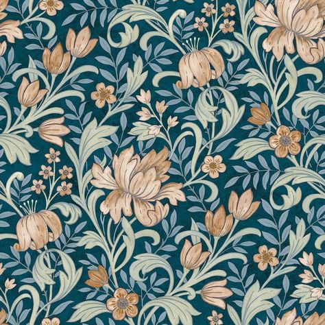 Navy And Terracotta, Terracotta Wallpaper, Terracotta And Green, Statement Wallpaper, Navy Wallpaper, Vintage Floral Design, Nature Color Palette, Teal Background, Arts Crafts Style