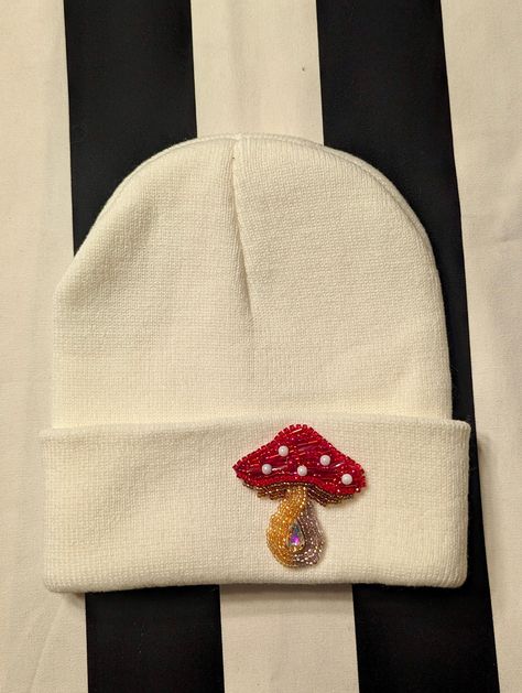 Beaded Beanie, Beaded Mushroom, Wolf Cuts, White Beanie, White Beanies, Skull Cap Beanie, Hoop Art, Skull Cap, Czech Glass Beads