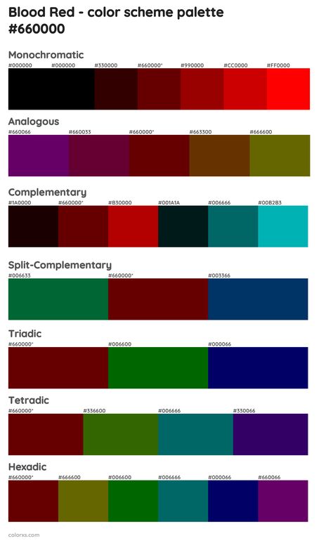 Blood Red color palettes Red Complementary Colors, Red Color Palettes, Draw A Hexagon, Pantone Color Guide, Logo Color Palette, Color Generator, Analogous Color Scheme, Rgb Color Codes, Split Complementary Colors