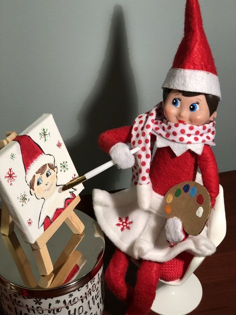 Elf Self Portrait, Elf On The Shelf Portrait, Elf On Shelf Painting, Elf On The Shelf Painting Canvas, Elf On The Shelf Painted Banner, Elf On The Shelf Painting Ideas, Christmas Elf Painting, Ideas For Two Elves On The Shelf, Girl Elf On The Shelf Ideas