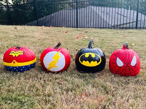 Superhero Painted Pumpkins Pumpkin Painting Superhero, Superhero Pumpkin Painting, Batman Pumpkin Painting, Superhero Pumpkin, Batman Pumpkin, Pumpkin Painting Party, Halloween Pumpkin Designs, Pumpkin Designs, Pumpkin Carvings