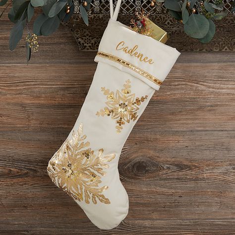 Glistening Snowflake Personalized Ivory Christmas Stocking Gold Christmas Stockings, Personalized Flower Pot, Family Stocking, Personalized Christmas Stocking, Personalization Mall, Custom Stocking, Family Stockings, Gold Christmas Decorations, Personalized Stockings