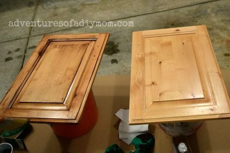 How to Glaze Cabinets with Gel Stain - Adventures of a DIY Mom Glazing Cabinets, Gel Stain Kitchen Cabinets, Glaze Cabinets, Glazed Kitchen Cabinets, Gel Stains, Stained Kitchen Cabinets, Honey Oak Cabinets, Refacing Kitchen Cabinets, Staining Cabinets