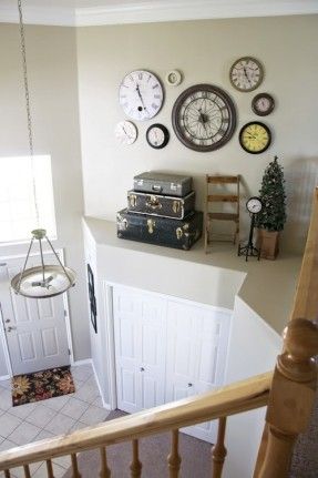 clock wall Living Room Ledge Decor Vaulted Ceilings Modern, Living Room Ledge Decor Vaulted Ceilings, Ledge Decorating Ideas Living Room, Foyer Ledge Decorating Ideas, High Shelf Decorating, High Ledge Decorating Ideas, Window Ledge Decor, Ledge Decor, Ceiling Shelves