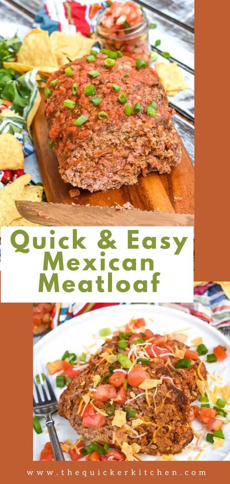 Mexican meatloaf infuses the classic dinner entree with bold southwestern flavor. It’s the perfect variation for the old standard and only needs 10 minutes of active prep! Try this quick and easy recipe today from The Quicker Kitchen, a food blog for busy families. Mexican Meatloaf Recipes, Mexican Meatloaf, Mexican Meat, Traditional Meatloaf, Classic Meatloaf Recipe, Classic Meatloaf, Taco Seasoning Packet, Easy Mexican, Dinner Entrees