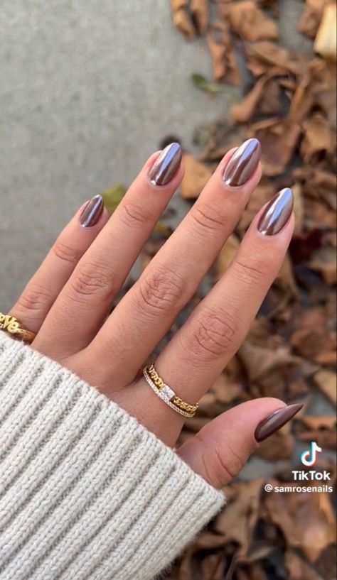 Chrome French Tip Nails Fall, Summer To Fall Nails 2023, Brown Nail Polish With Chrome, Nails Trend Fall 2023, Glaze Brown Nails, Brown Chrome Acrylic Nails, Autumn Nails With Chrome, Glazed Nail Colors, Dip Powder Nails Brown Skin