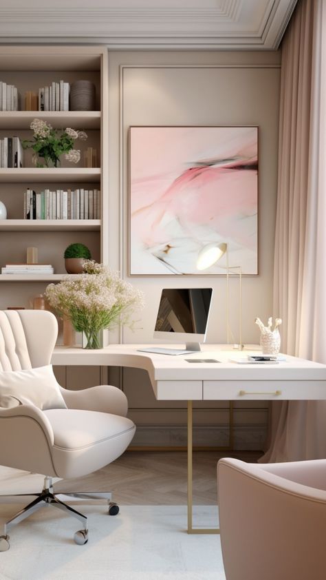 work from home office setup Home Office Blush Pink, Pink Home Office Ideas, Modern Home Office For Women, Bedroom Ideas Girly, Little Apartment Aesthetic, Moody Romantic Bedroom, Whimsy Goth Bedroom, Woman Bedroom Ideas, Grown Woman Bedroom Ideas