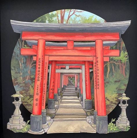 Japanese Torii Gate Drawing, Shrines Art Japan, Japanese Architecture Painting, Japanese Gate Art, Shinto Drawing, Tori Gate Art, Shinto Shrine Drawing, Layered Acrylic Art, Japanese Shrine Drawing