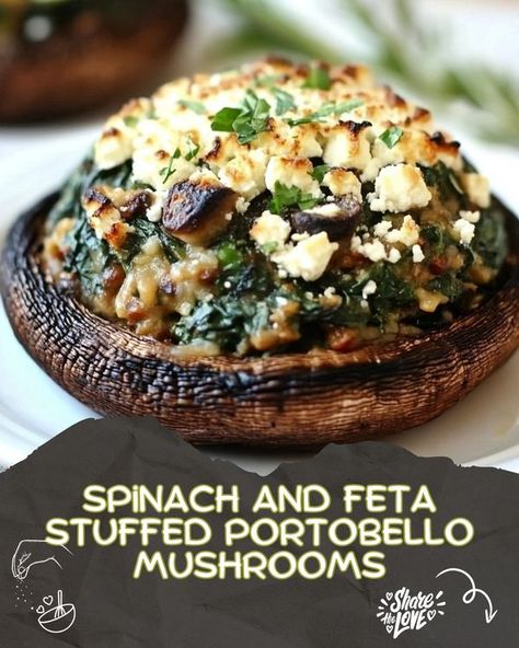 Stuffed Portobello Mushrooms, Portobello Mushroom Recipes, Stuffed Portobello, Lunch Hour, Sauteed Spinach, Perfect Lunch, Portobello Mushroom, Spinach And Feta, Yummy Lunches