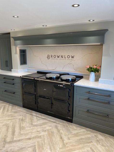 Cooker Canopy Ideas, Range Ovens In Kitchens, Aga Splashback Ideas, Range Master Cooker Kitchen, Aga Kitchen Farmhouse, Aga Surround, Range Cooker Kitchen, Blue Aga, Electric Aga