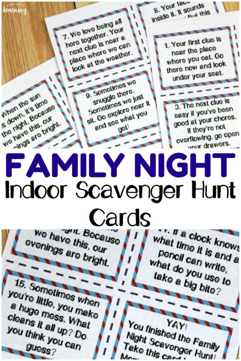 Make the most of family night with these fun indoor scavenger hunt cards! Hide them around the house and award a prize to the winner! #family #parenting #kidsactivities Indoor Scavenger Hunt, Scavenger Hunt Riddles, Beach Party Games, Family Games Indoor, Scavenger Hunt Birthday, Treasure Hunt Clues, Party Make-up, Scavenger Hunt Clues, Indoor Family